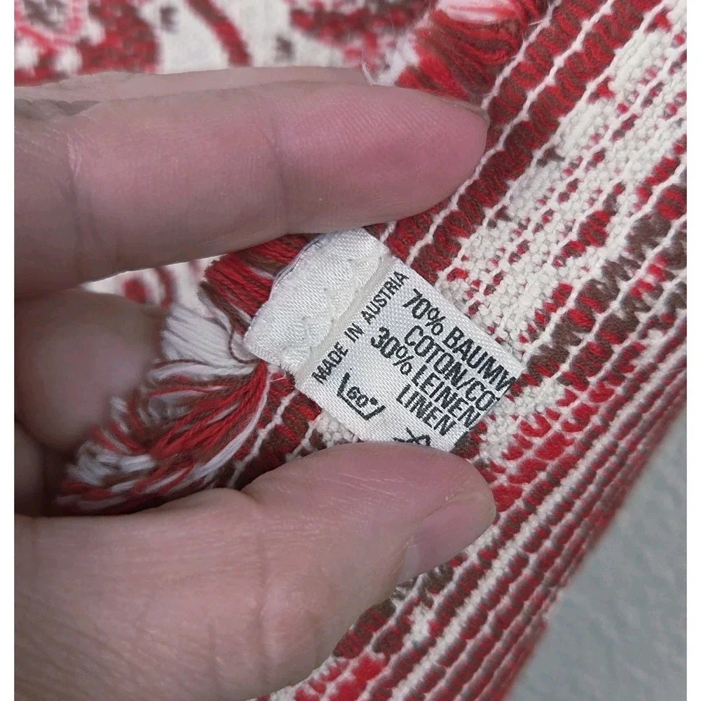 vintage austrian folk tapestry wall hanging red cream cotton linen 13x15